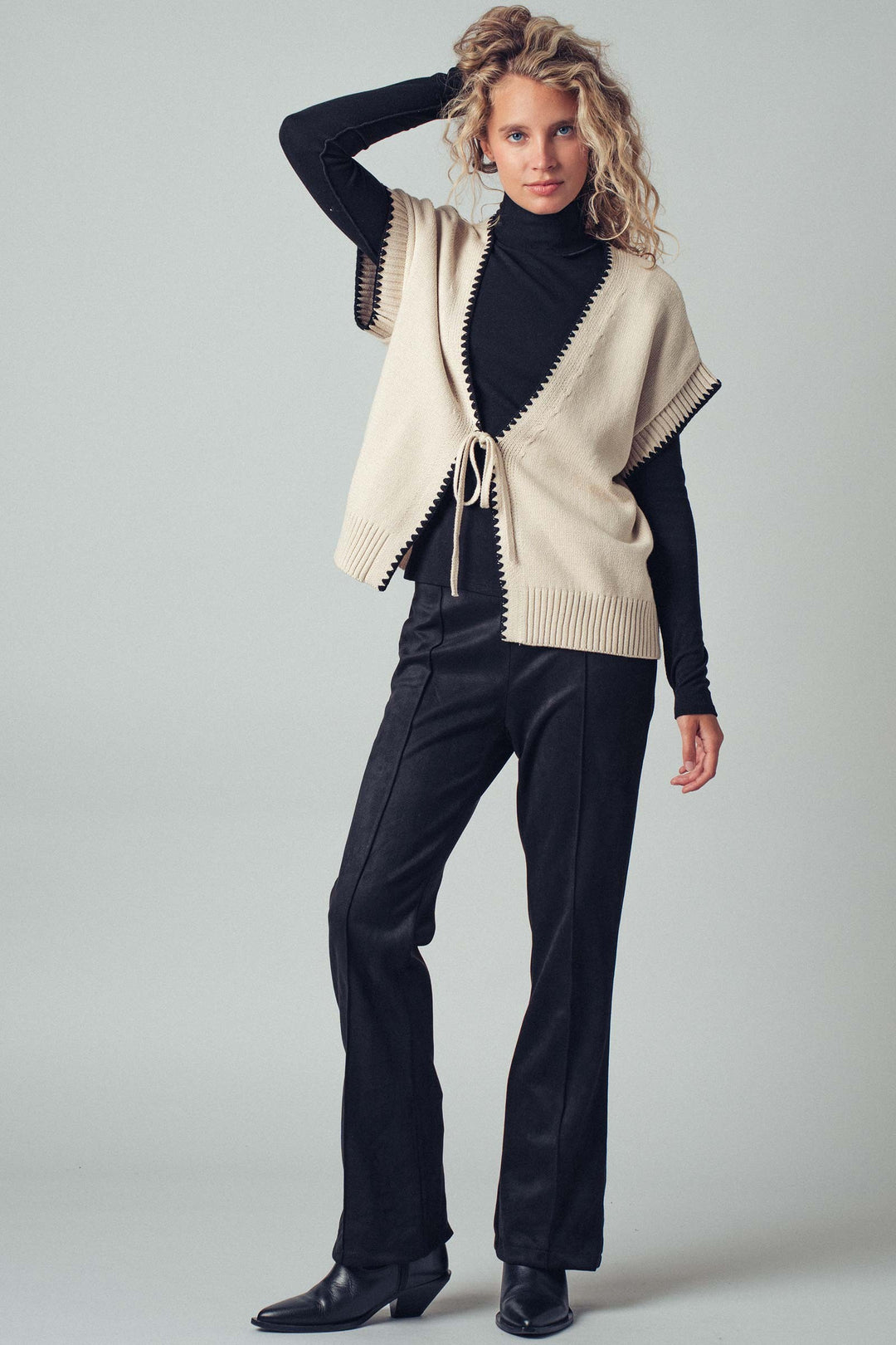 boho crochet knit vest casual top with tie front - ivory (additional view)