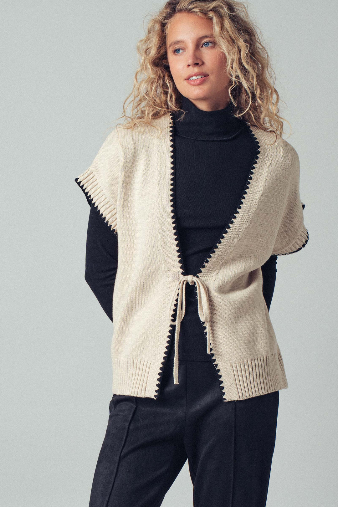 boho crochet knit vest casual top with tie front - ivory (additional view)