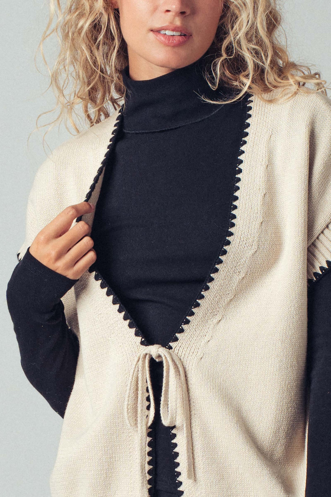 boho crochet knit vest casual top with tie front - ivory (additional view)