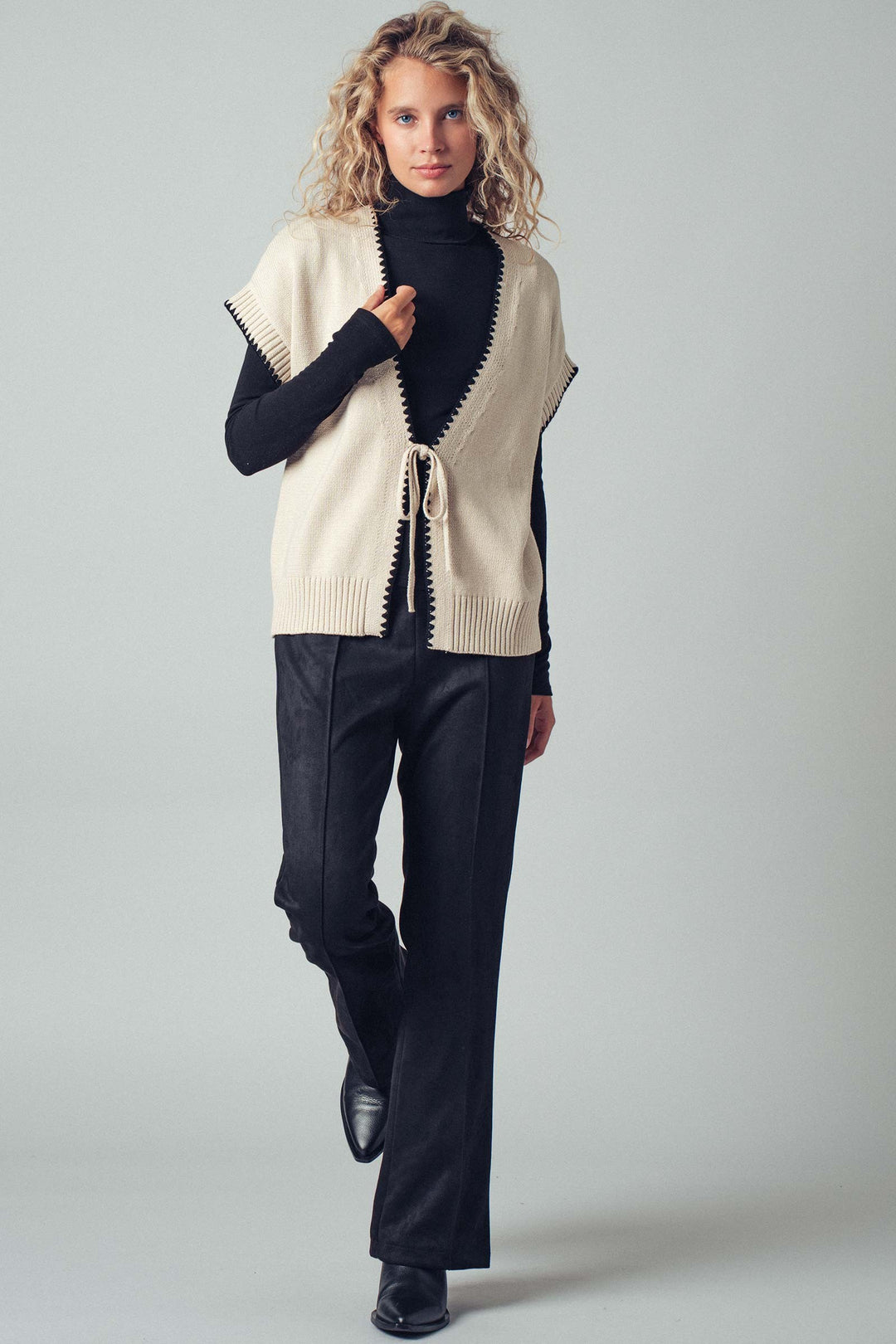 boho crochet knit vest casual top with tie front - ivory (additional view)