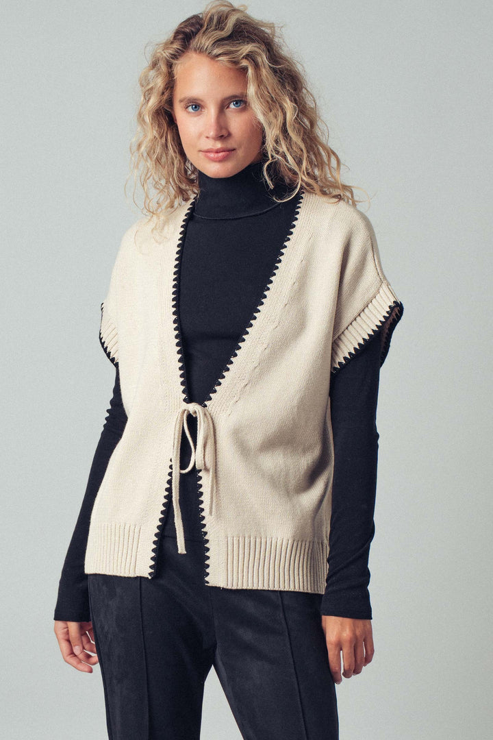 boho crochet knit vest casual top with tie front - ivory (additional view)