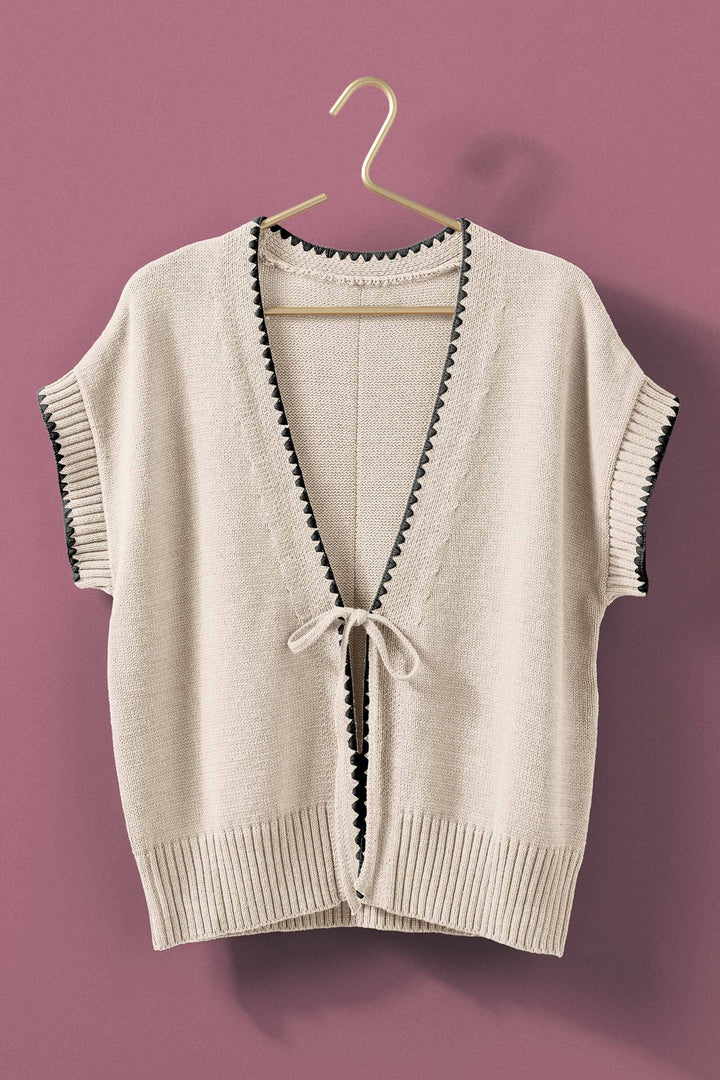 boho crochet knit vest casual top with tie front - ivory (additional view)