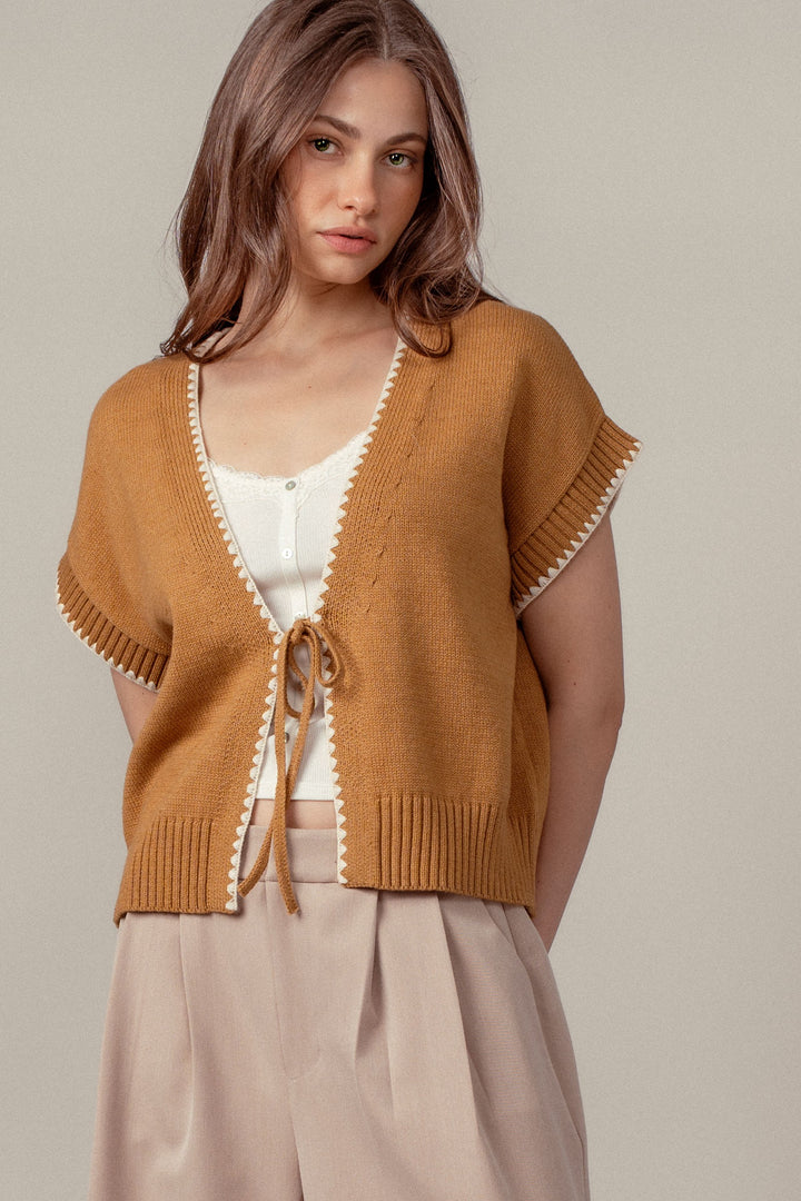 boho crochet knit vest casual top with tie front - ochre (additional view)