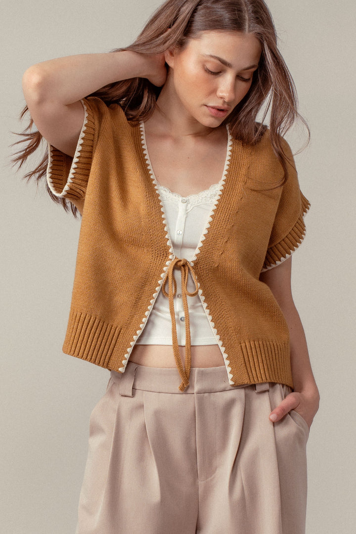 boho crochet knit vest casual top with tie front - ochre (additional view)