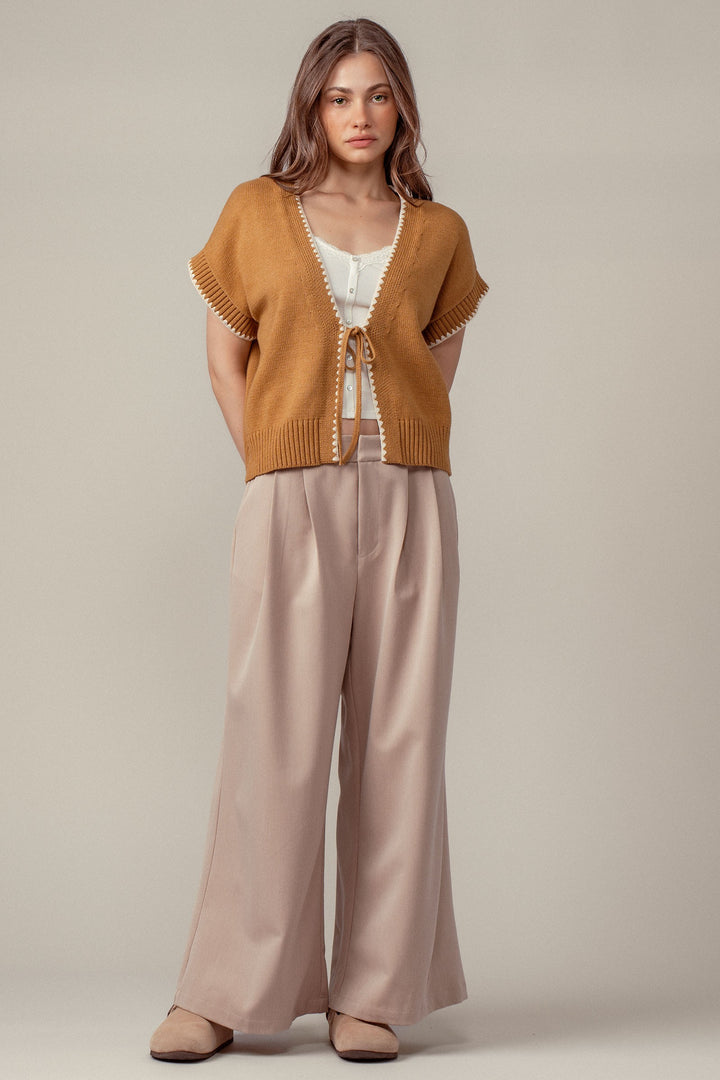 boho crochet knit vest casual top with tie front - ochre (additional view)