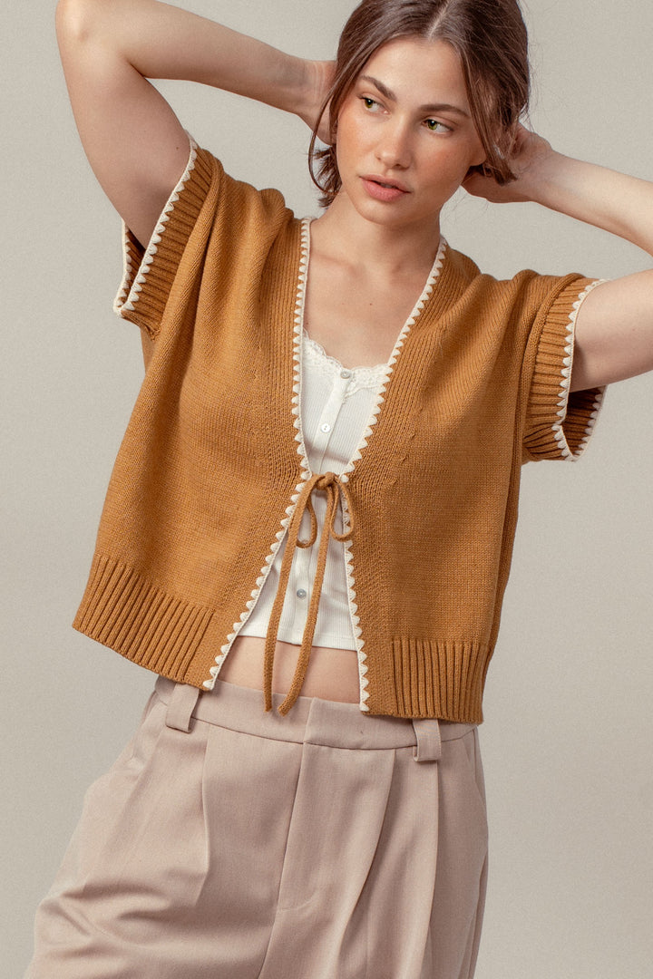 boho crochet knit vest casual top with tie front - ochre (additional view)