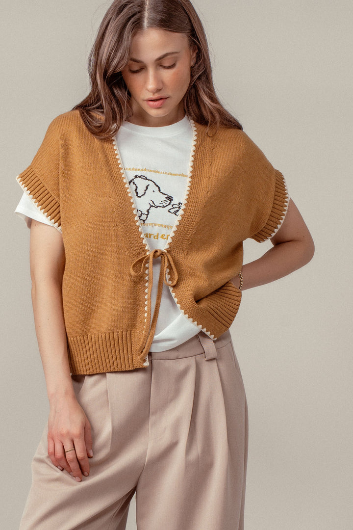 boho crochet knit vest casual top with tie front - ochre (additional view)