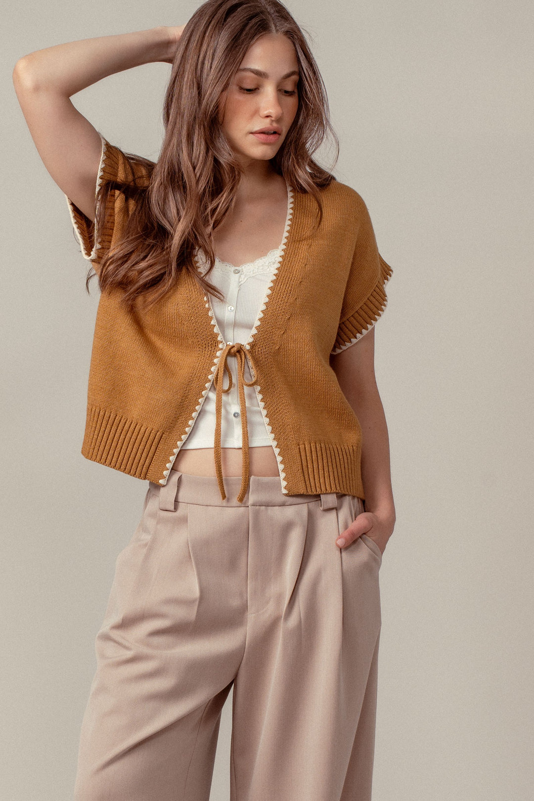 boho crochet knit vest casual top with tie front - ochre (additional view)