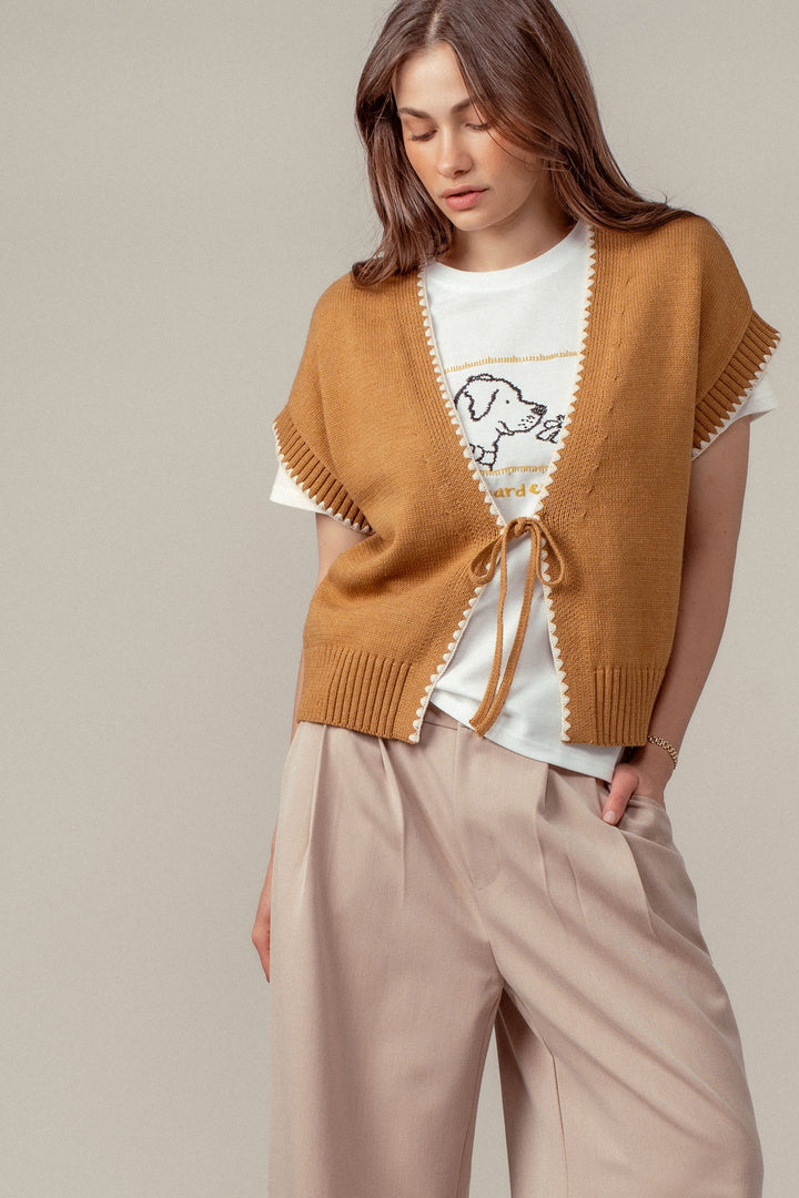 boho crochet knit vest casual top with tie front - ochre (additional view)