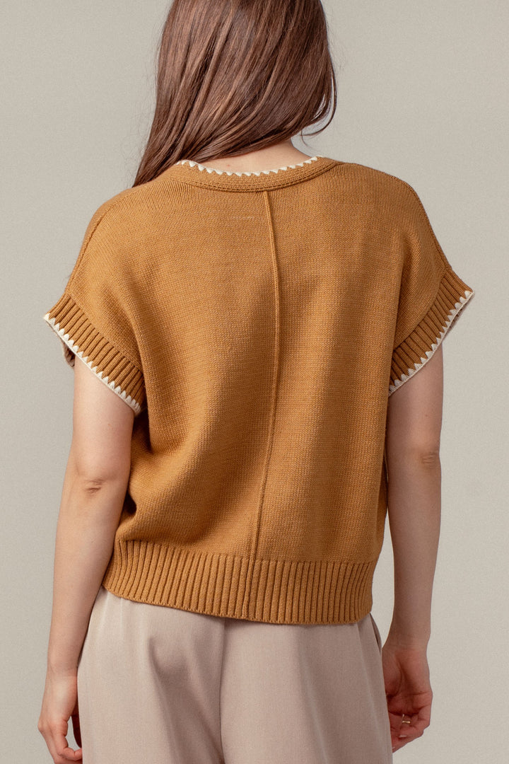 boho crochet knit vest casual top with tie front - ochre (additional view)