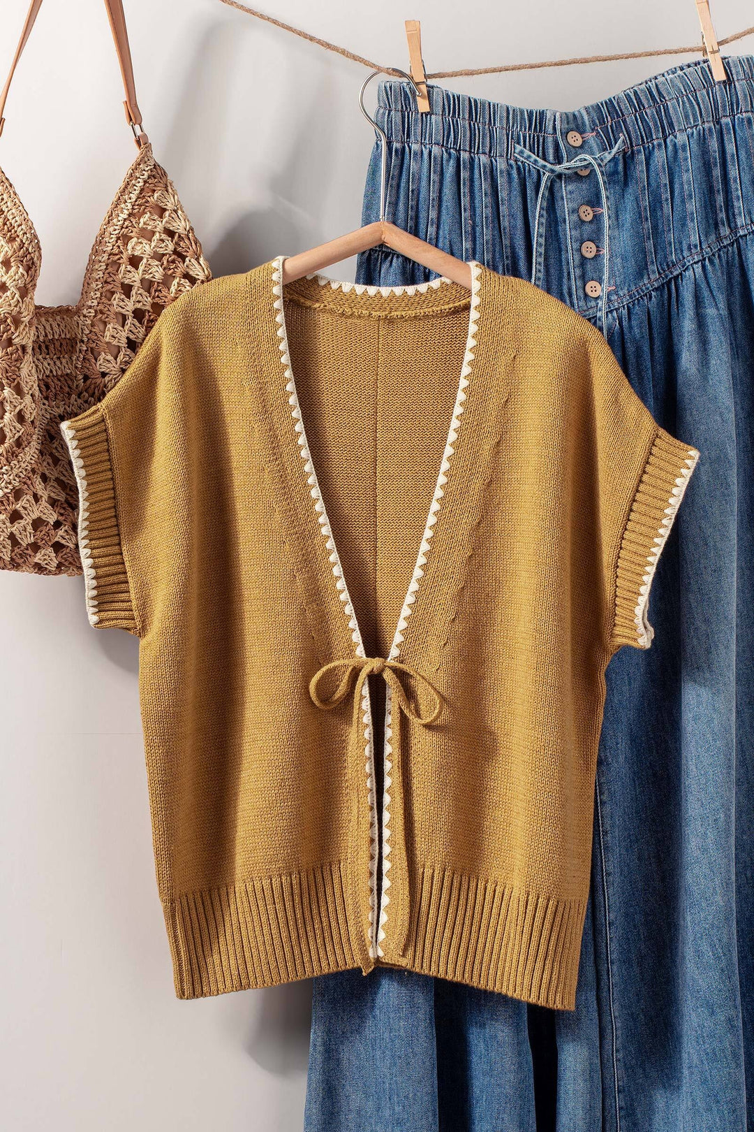 boho crochet knit vest casual top with tie front - ochre (additional view)