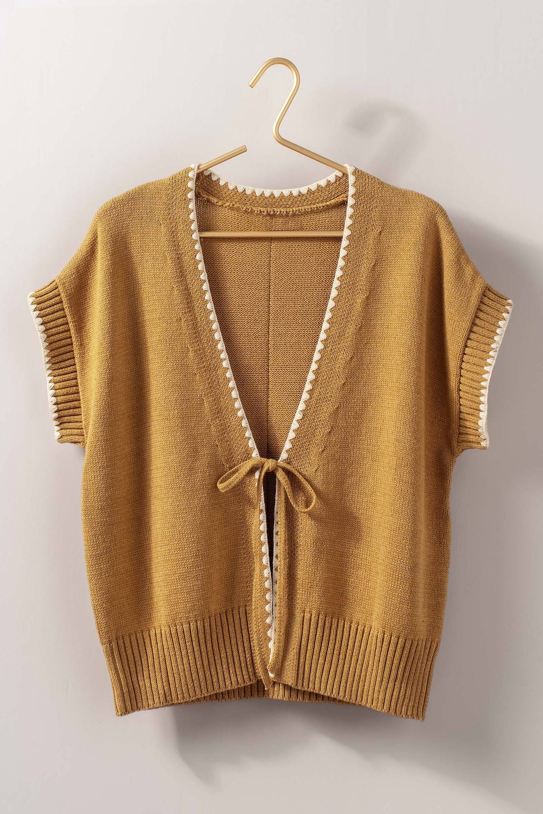 boho crochet knit vest casual top with tie front - ochre (additional view)