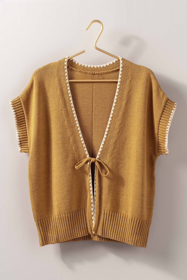 boho crochet knit vest casual top with tie front - ochre (additional view)