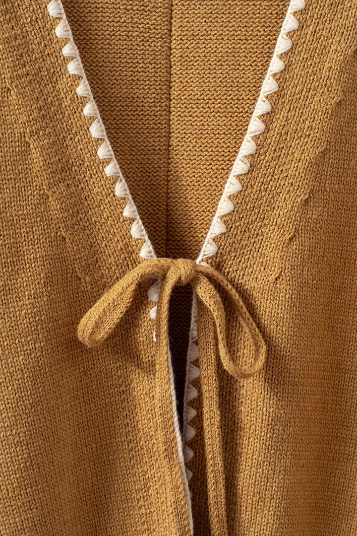 boho crochet knit vest casual top with tie front - ochre (additional view)