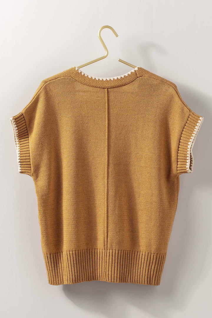 boho crochet knit vest casual top with tie front - ochre (additional view)