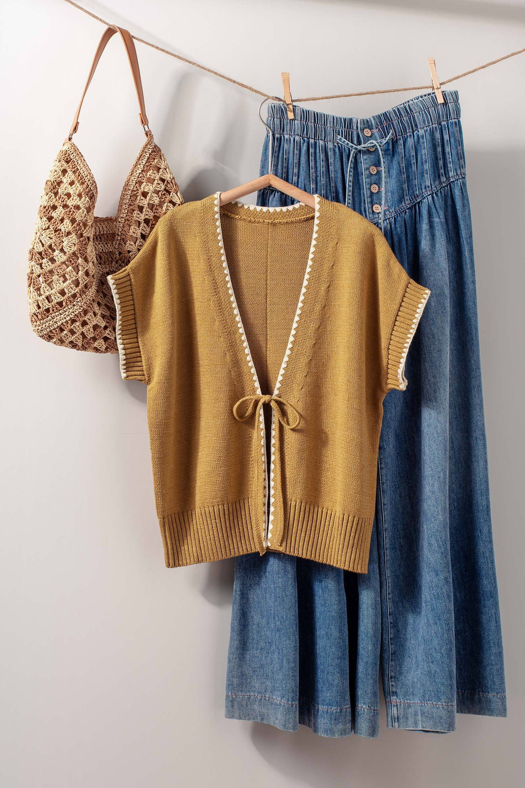 boho crochet knit vest casual top with tie front - ochre (additional view)