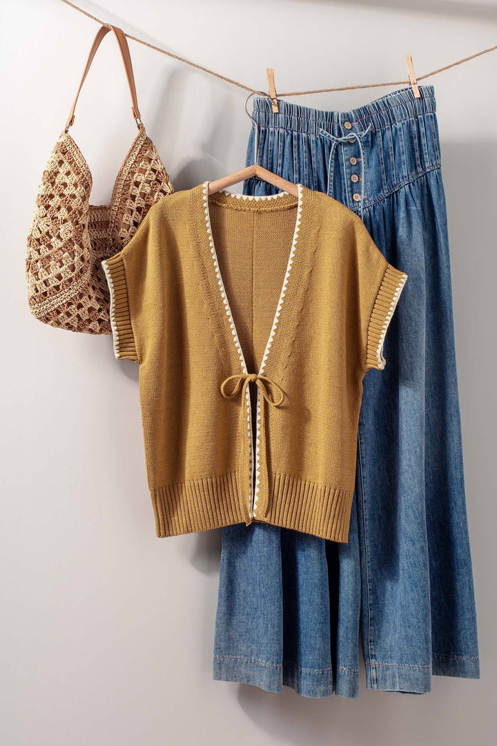 boho crochet knit vest casual top with tie front - ochre (additional view)