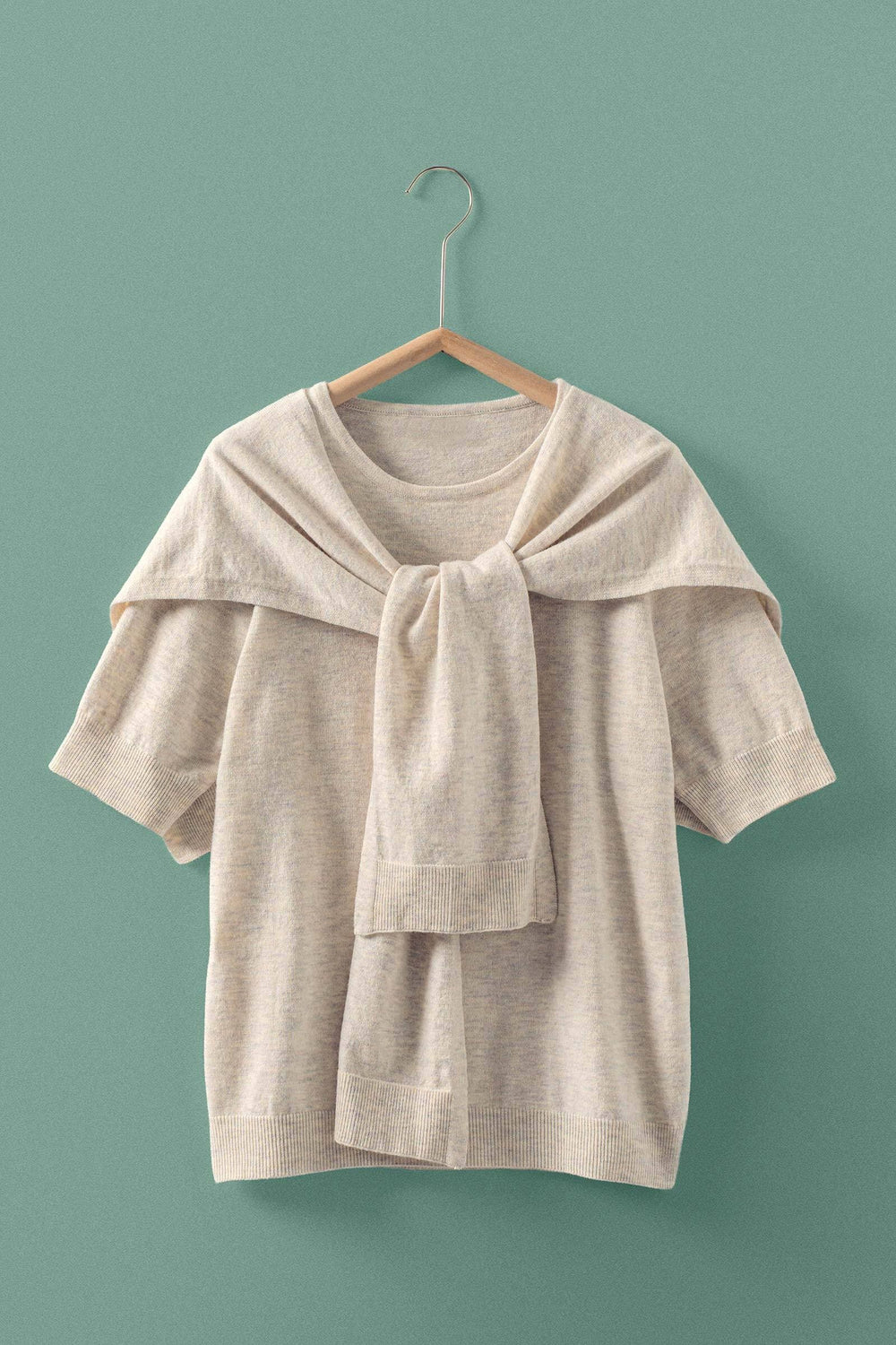 sweater drape short sleeve knit top - white melange