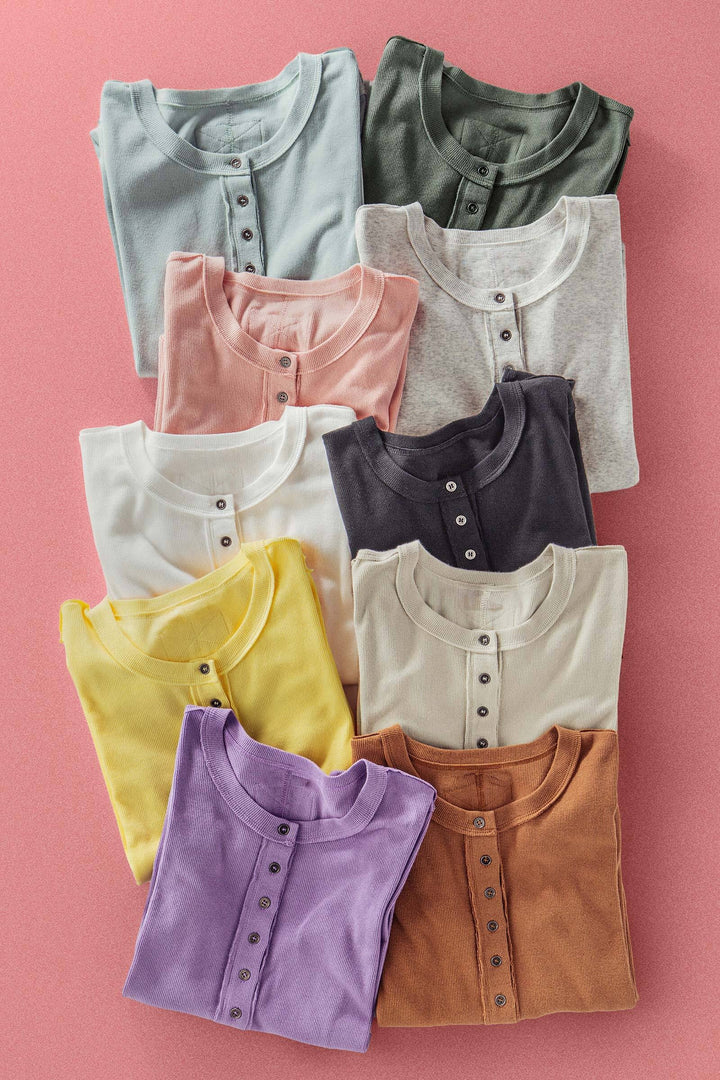 long sleeve henley top in soft ribbed knit - default