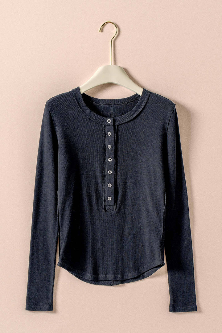long sleeve henley top in soft ribbed knit - black