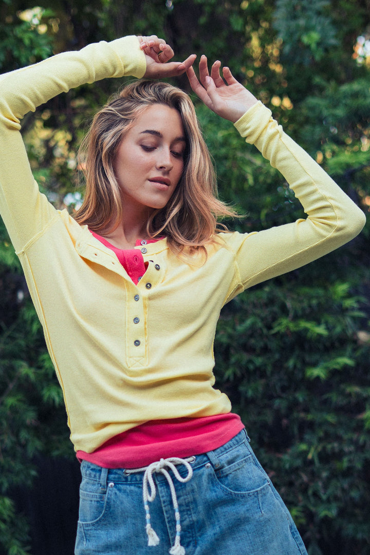 long sleeve henley top in soft ribbed knit - butter yellow (additional view)