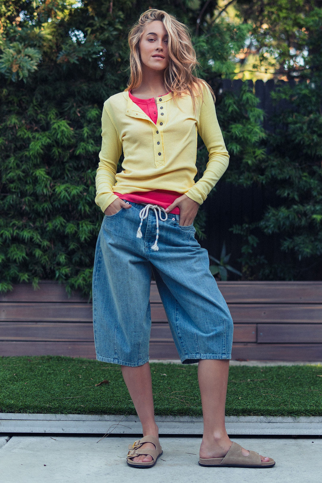 long sleeve henley top in soft ribbed knit - butter yellow (additional view)