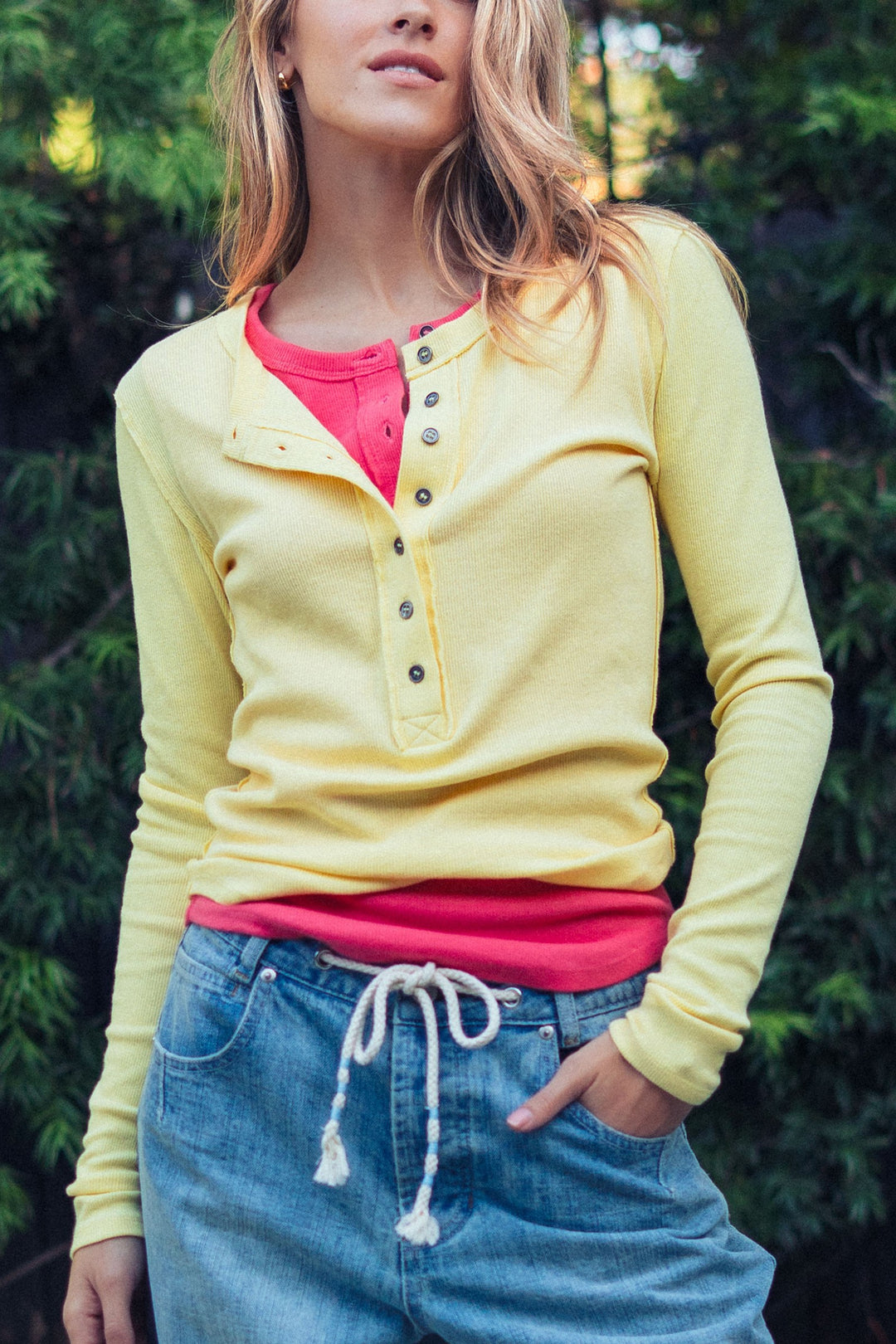 long sleeve henley top in soft ribbed knit - butter yellow (additional view)