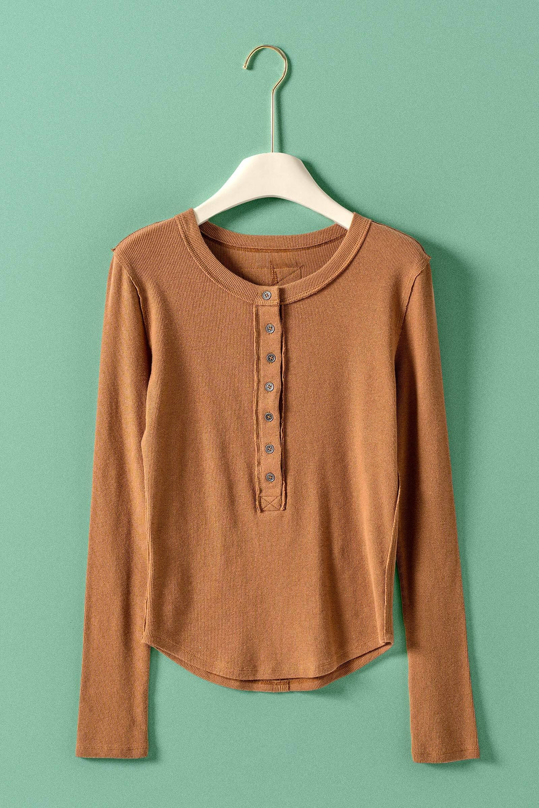 long sleeve henley top in soft ribbed knit - grain