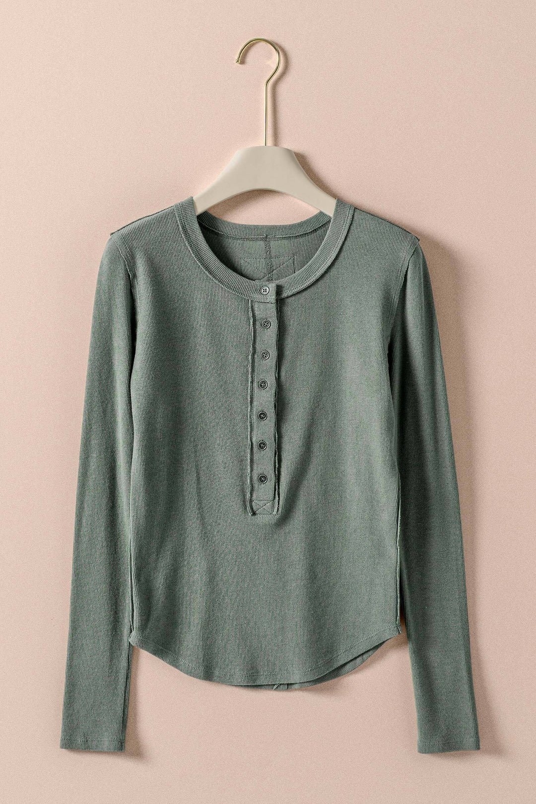 long sleeve henley top in soft ribbed knit - olive grab