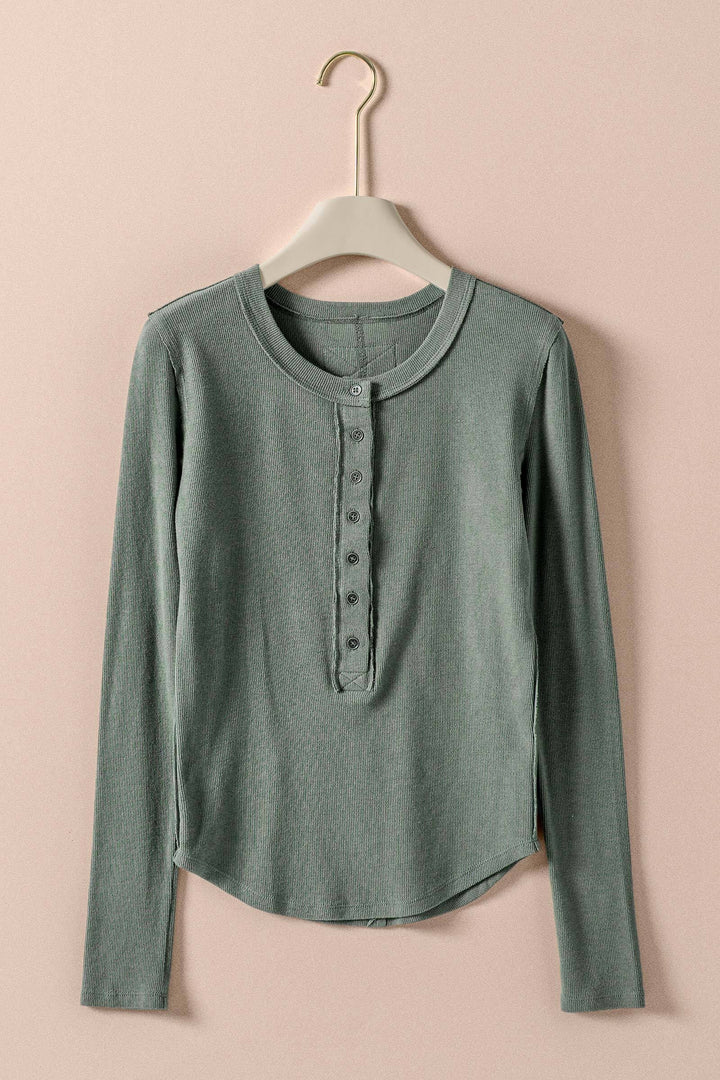 long sleeve henley top in soft ribbed knit - olive grab