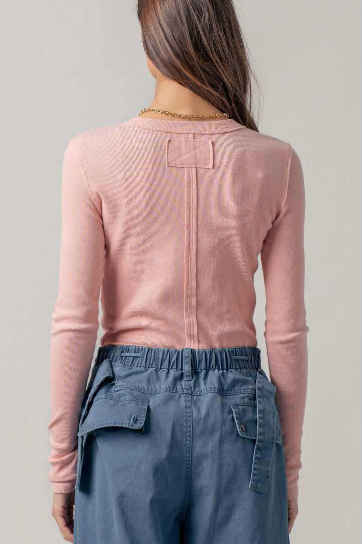 long sleeve henley top in soft ribbed knit - pink clay (additional view)