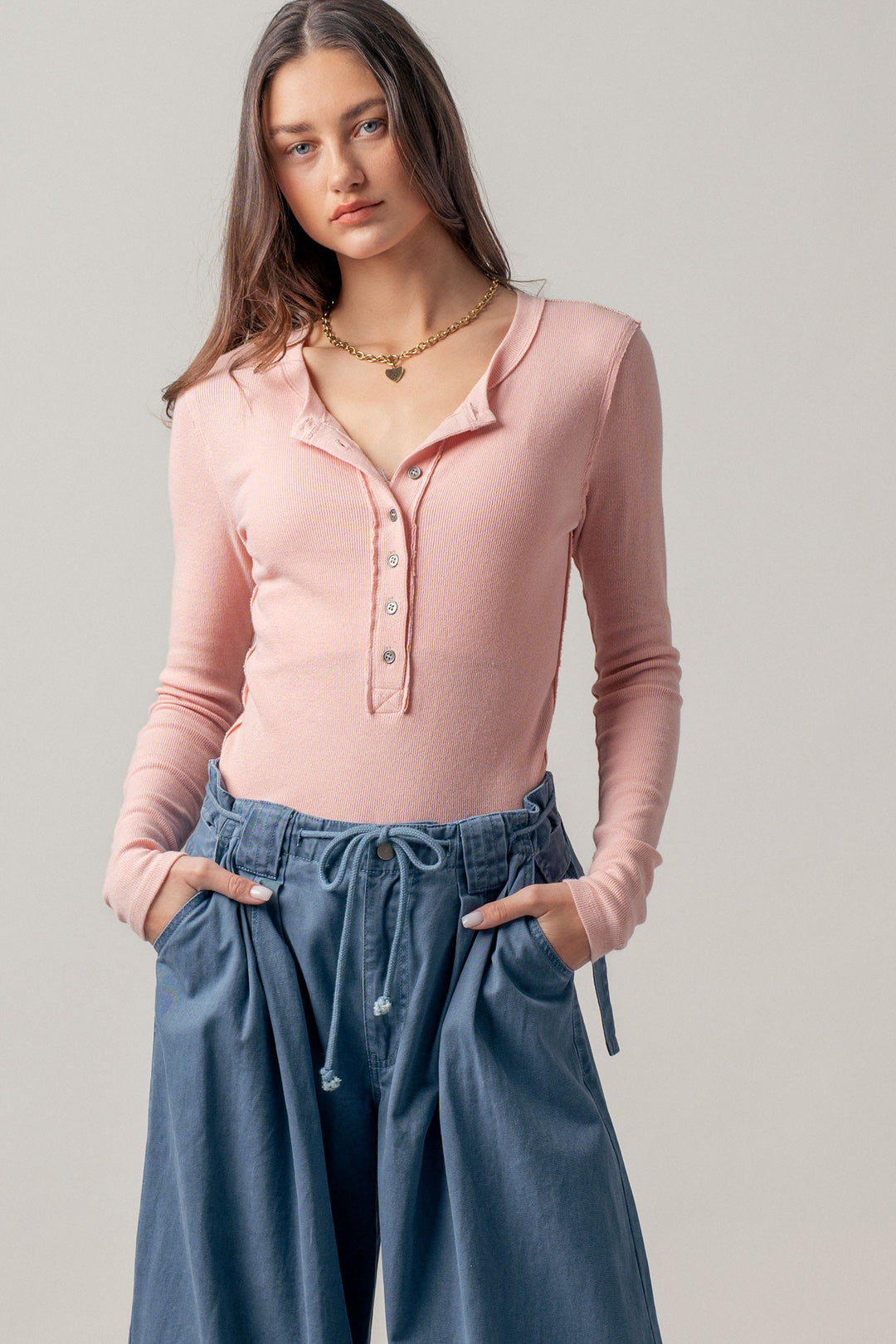 long sleeve henley top in soft ribbed knit - pink clay (additional view)