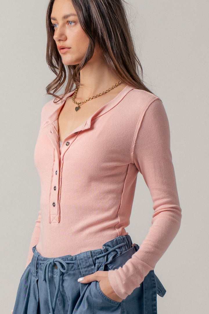 long sleeve henley top in soft ribbed knit - pink clay (additional view)