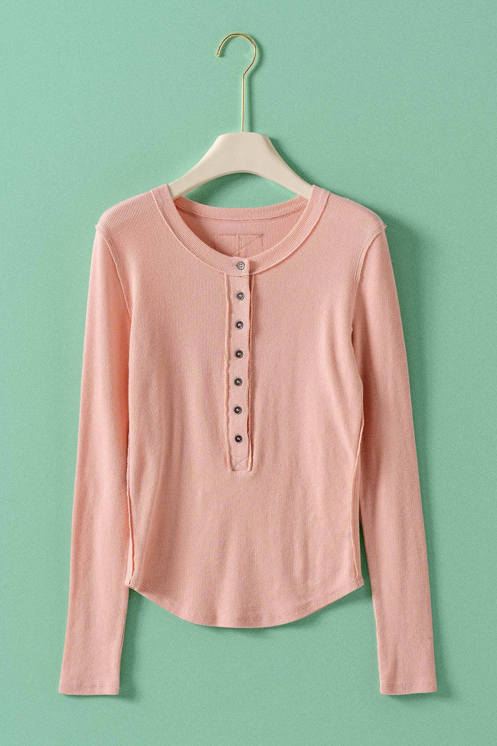 long sleeve henley top in soft ribbed knit - pink clay (additional view)