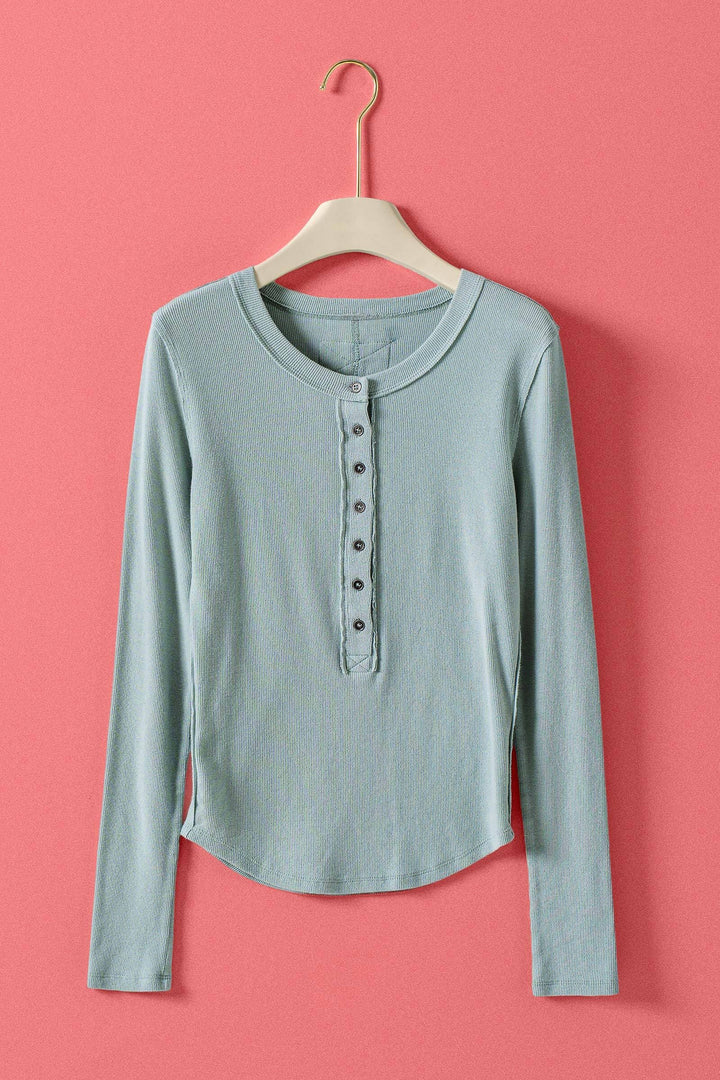 long sleeve henley top in soft ribbed knit - sage