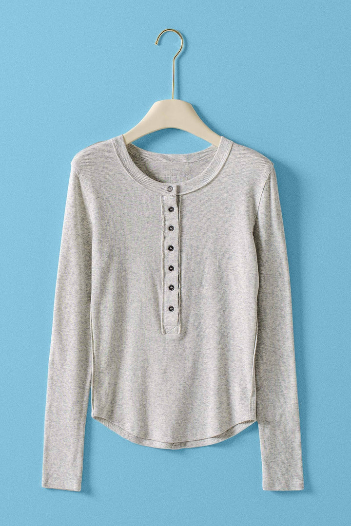 long sleeve henley top in soft ribbed knit - white melange