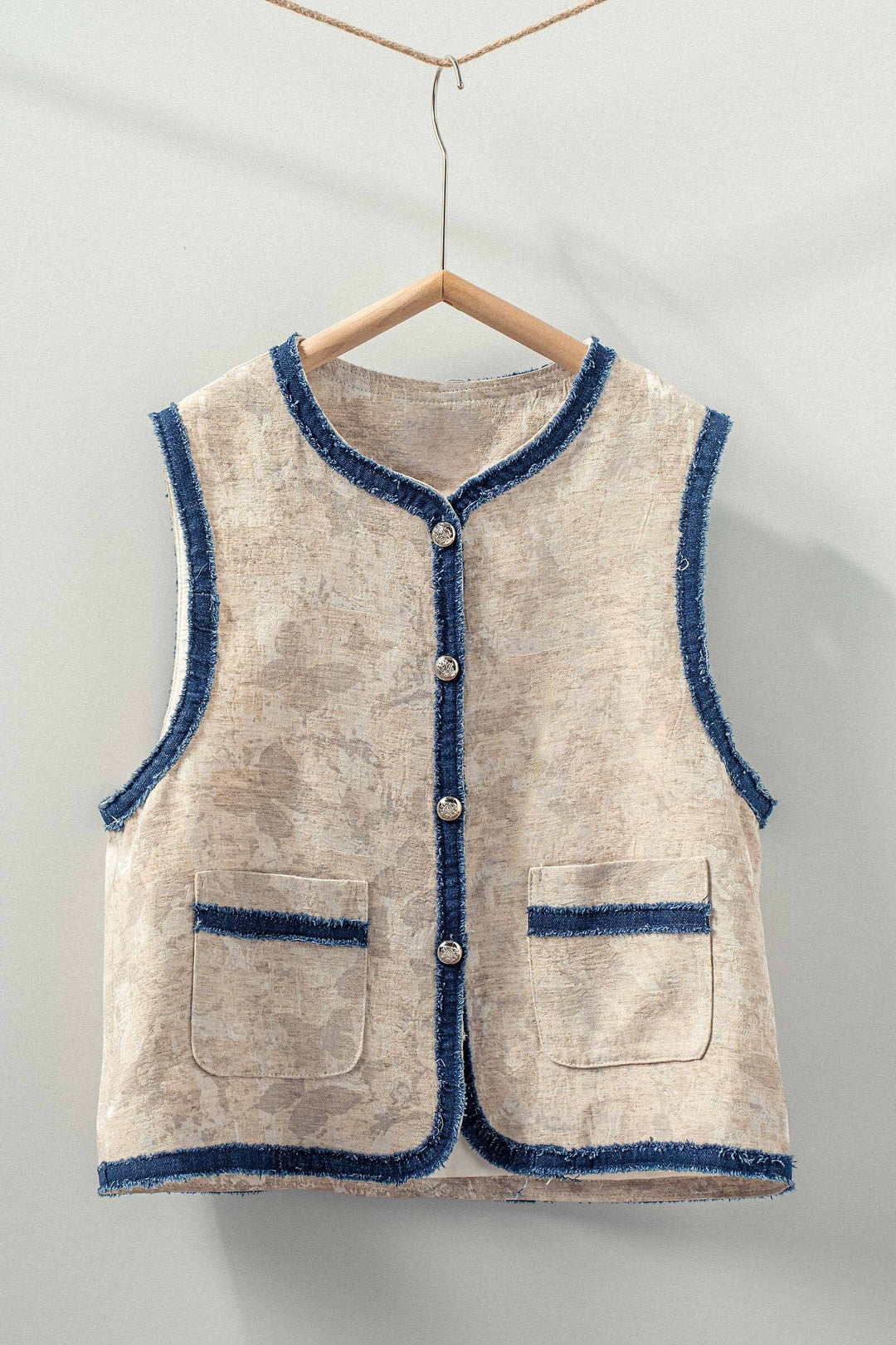 denim trim linen vest with western boho detail - beige