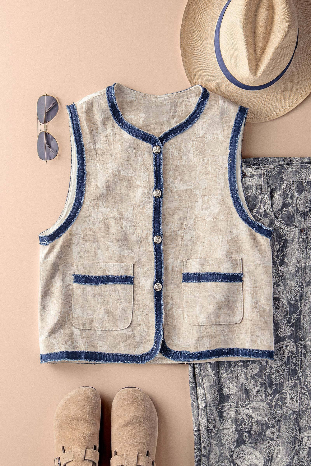 denim trim linen vest with western boho detail - beige (additional view)