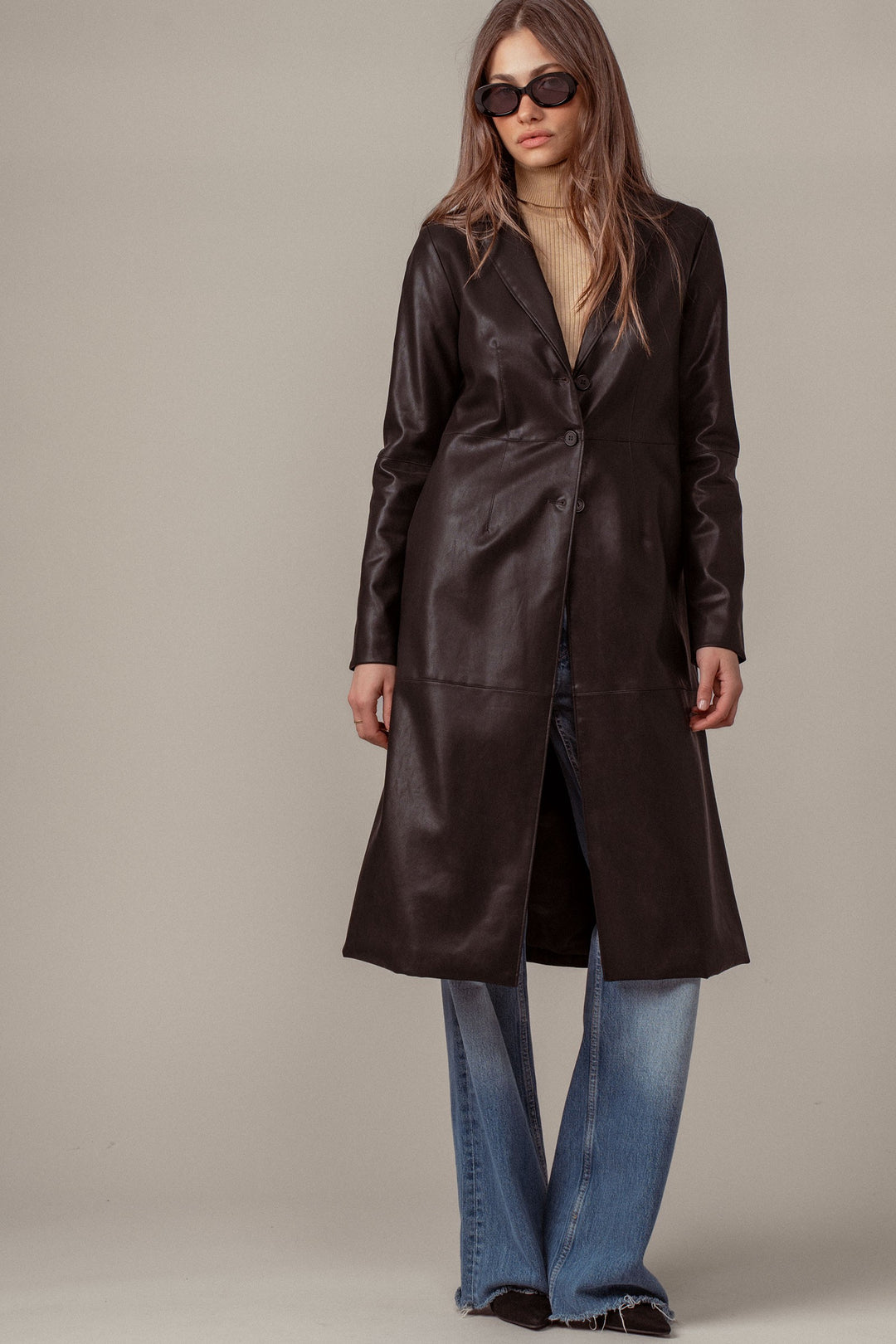 longline faux leather buttoned coat - black