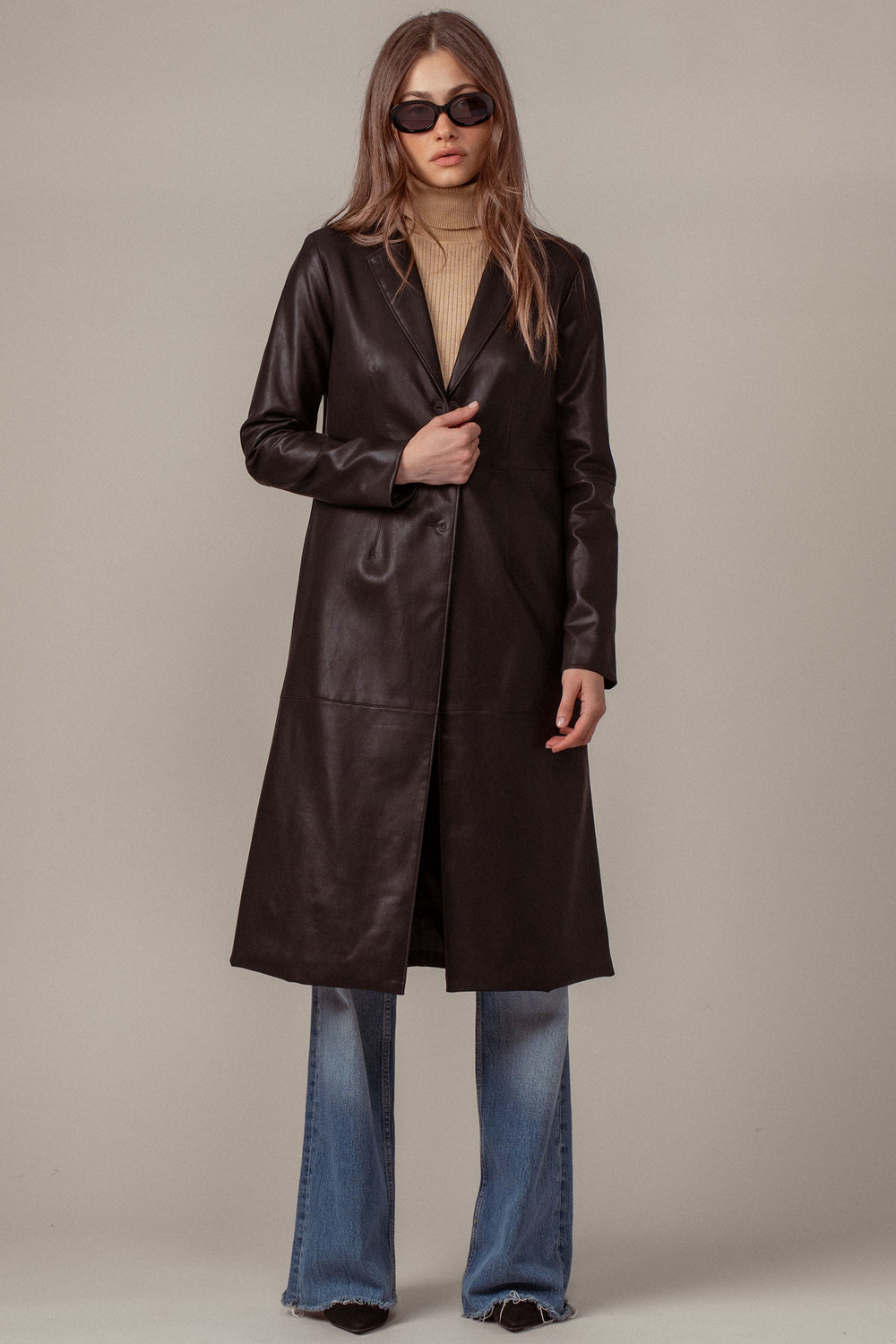 longline faux leather buttoned coat - black (additional view)
