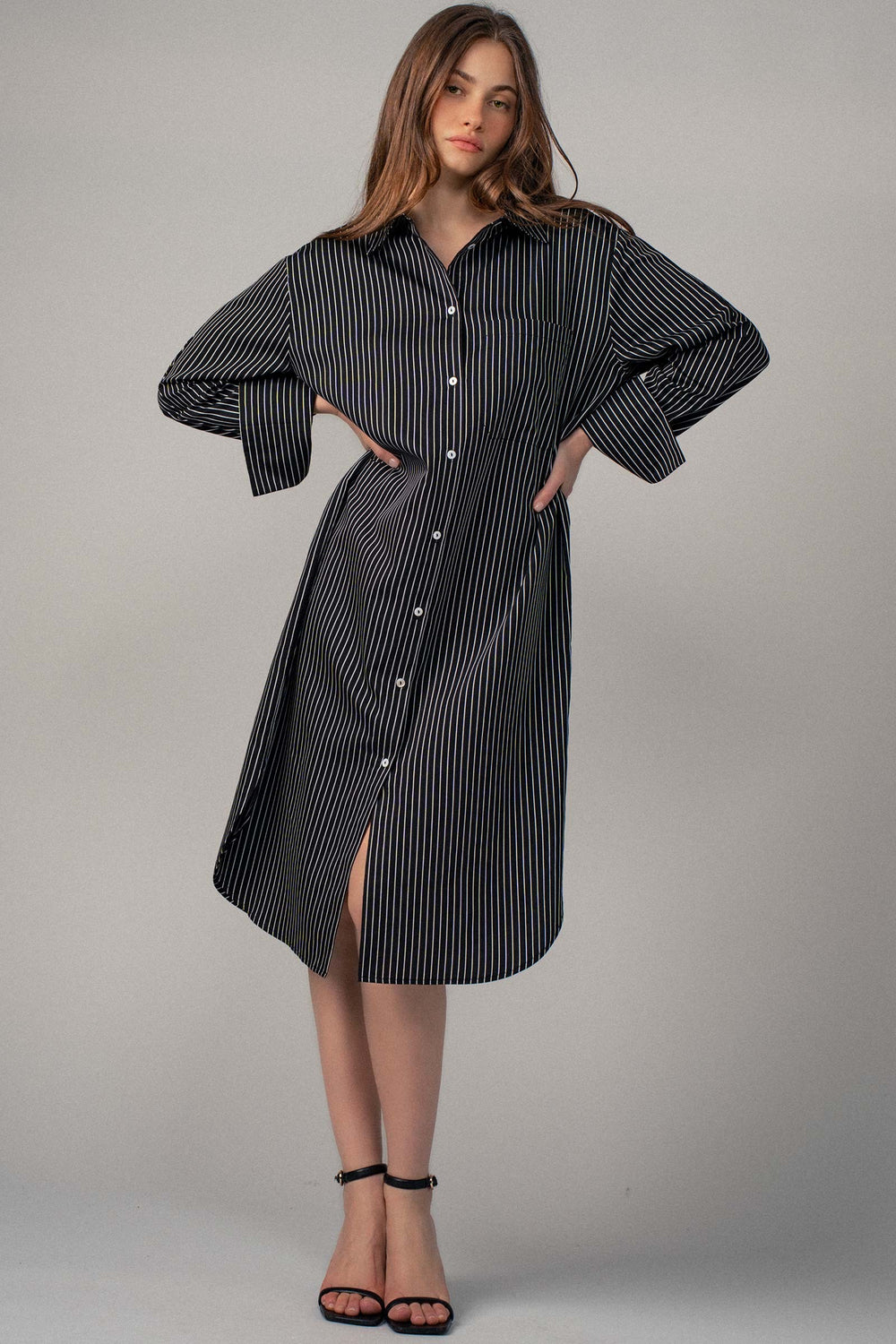black striped button down midi shirt dress - black (additional view)