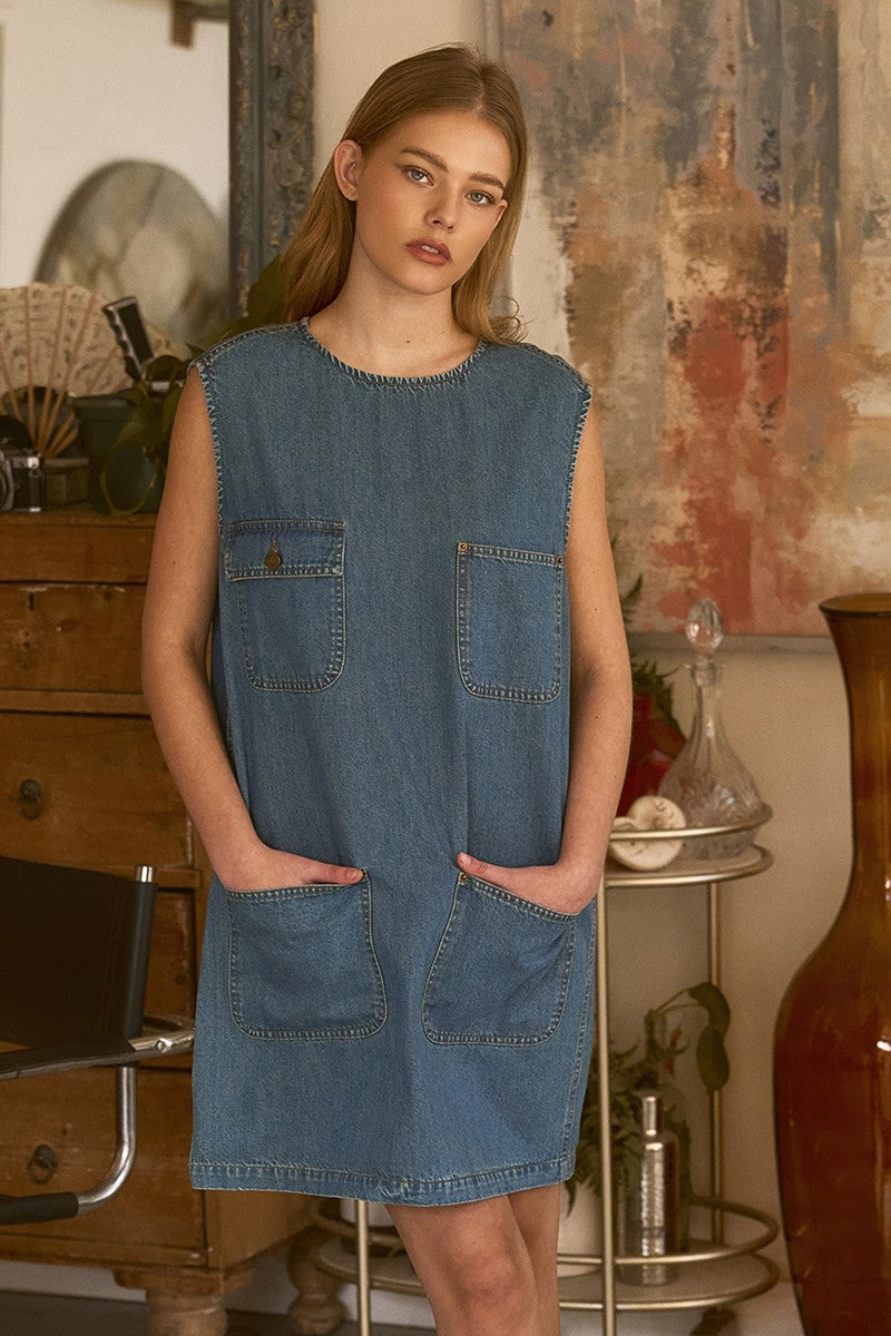 relaxed fit sleeveless denim pocket dress - denim