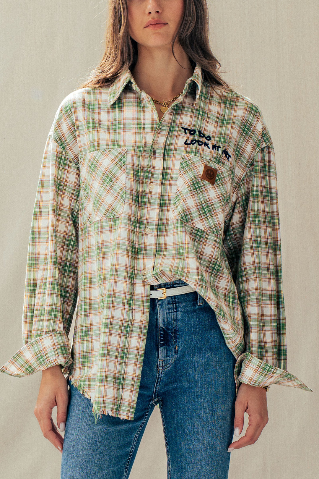 plaid boho button up shirt with pocket detail - olive multi