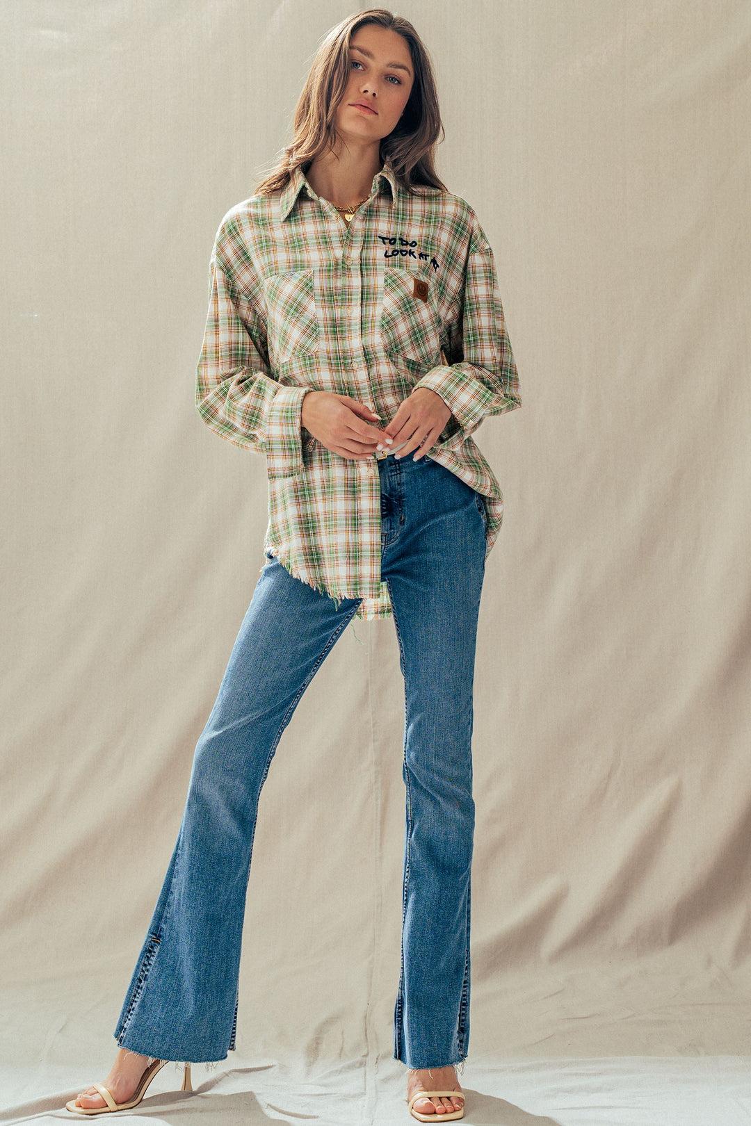 plaid boho button up shirt with pocket detail - olive multi (additional view)