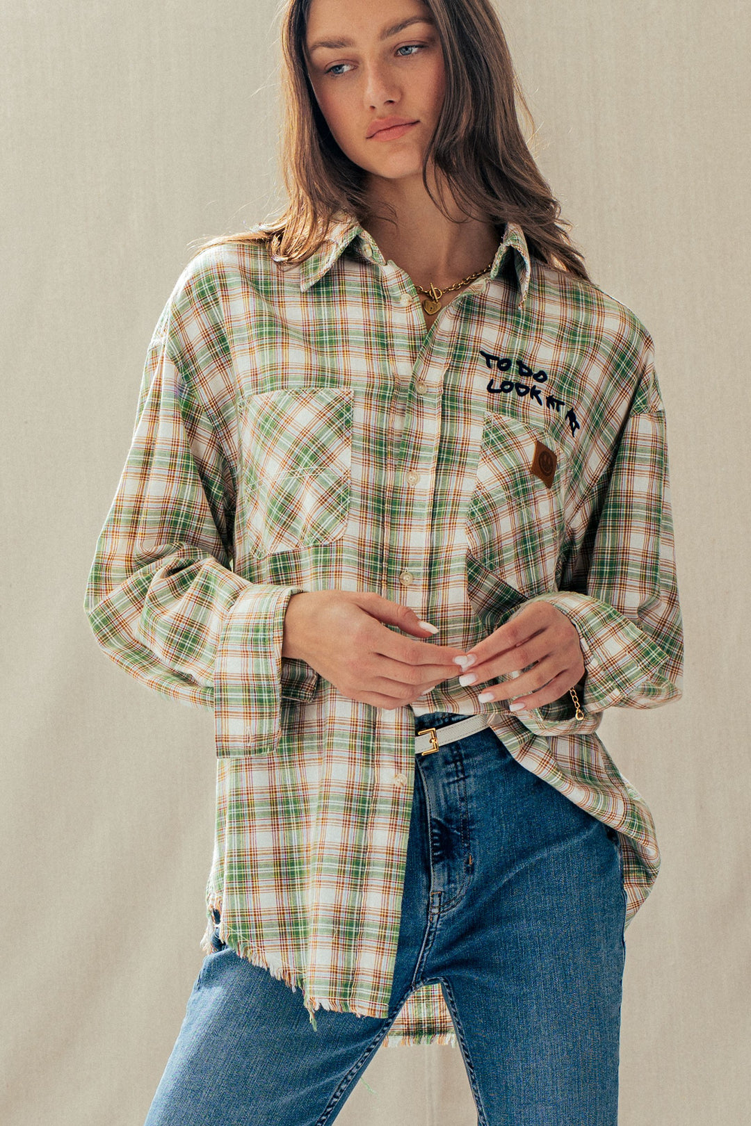 plaid boho button up shirt with pocket detail - olive multi (additional view)