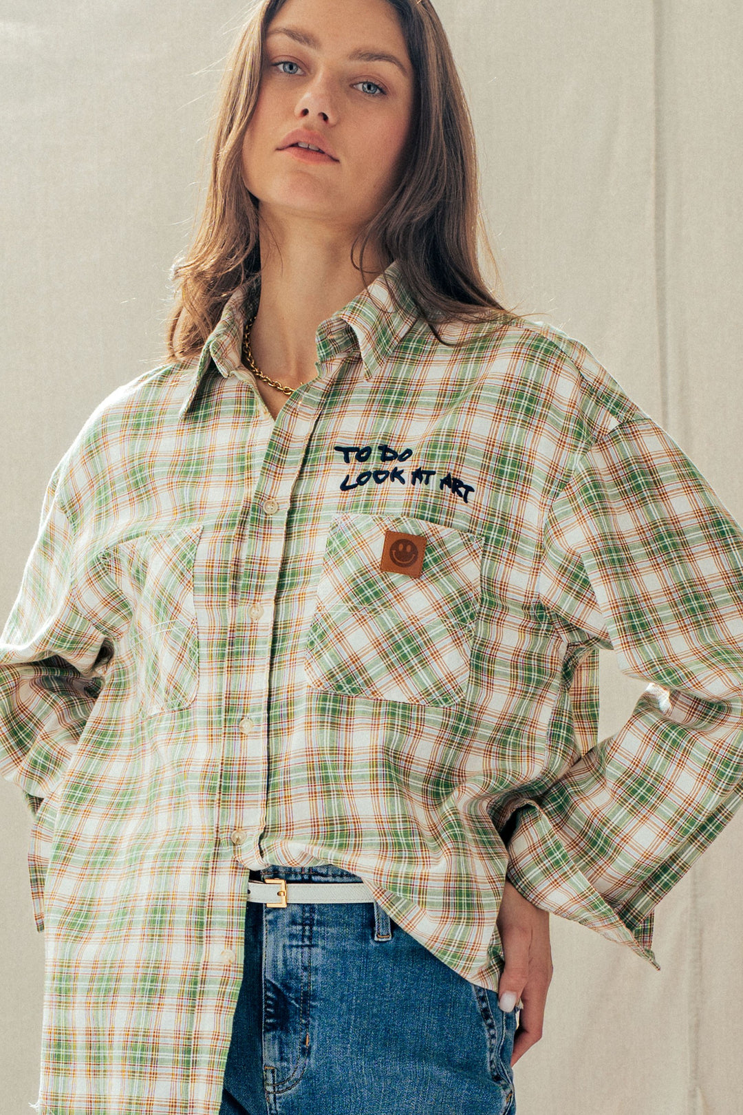 plaid boho button up shirt with pocket detail - olive multi (additional view)