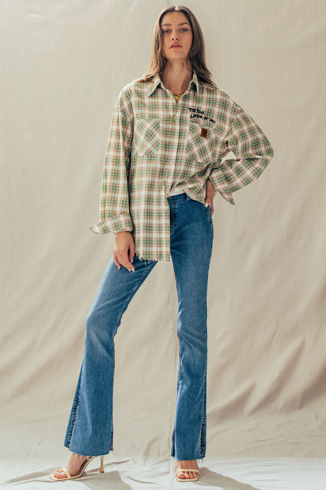 plaid boho button up shirt with pocket detail - olive multi (additional view)