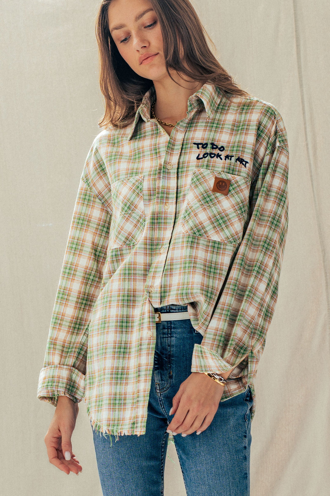 plaid boho button up shirt with pocket detail - olive multi (additional view)