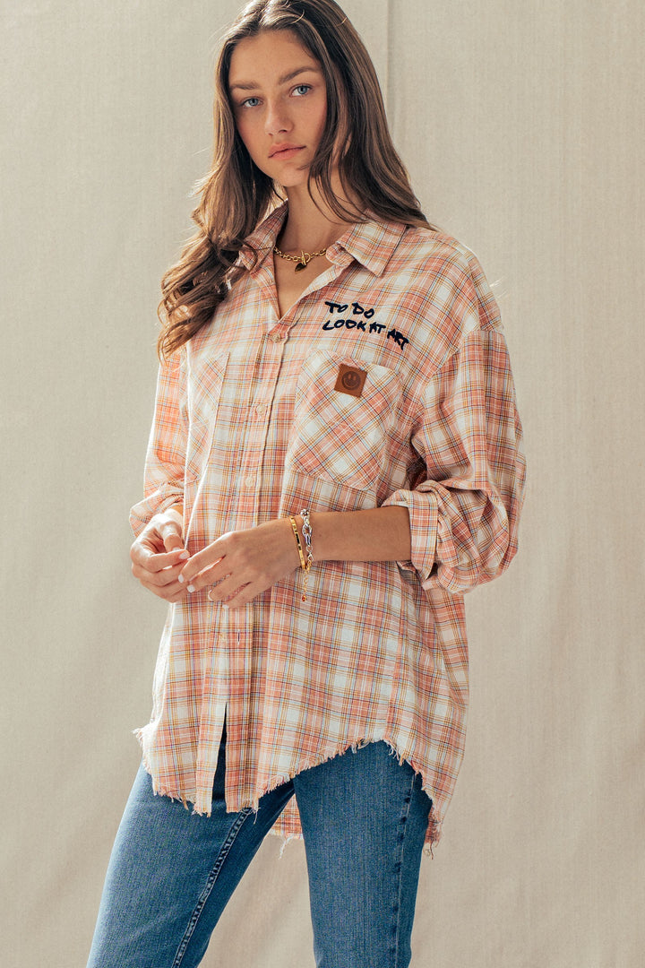 plaid boho button up shirt with pocket detail - rust multi (additional view)