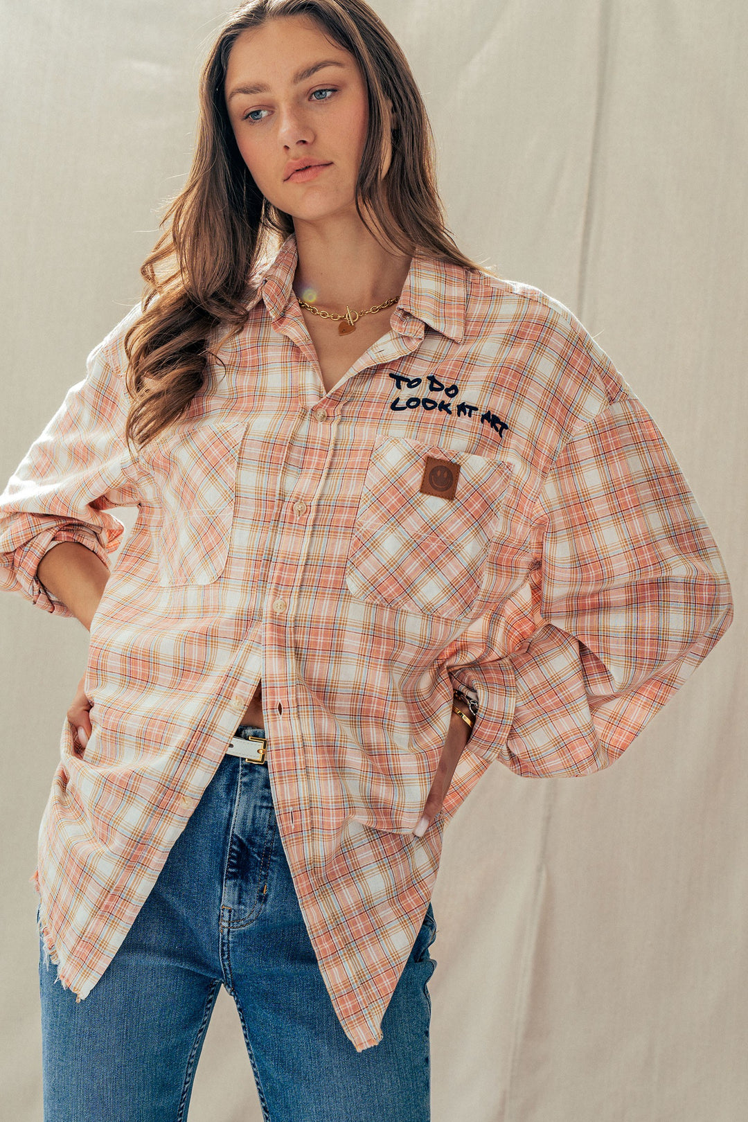 plaid boho button up shirt with pocket detail - rust multi (additional view)
